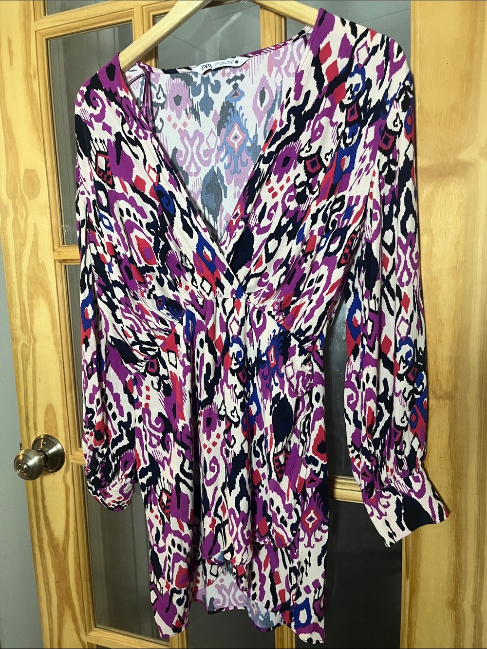 ZARA Long Sleeve Faux Wrap mini Dress Long Sleeve medium colorful print babydoll
